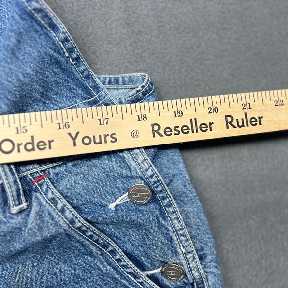 Mickey Mouse Denim Overall Bib Shorts Sz L USA Theme Blue Big Mickey Graphic - Picture 12 of 16